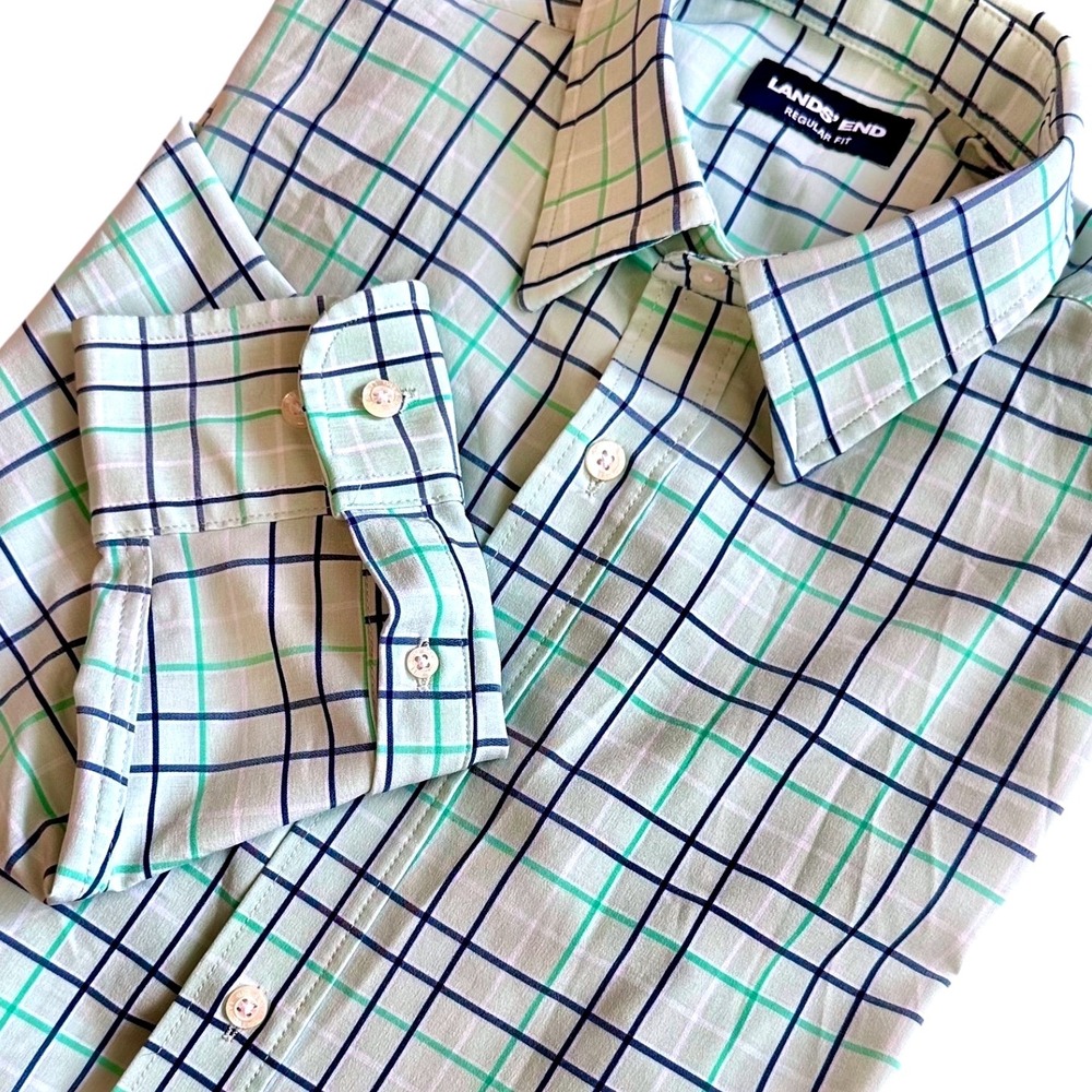 Lands' End Shirt Mens Large Green Plaid Performance Button Down Long Sleeve